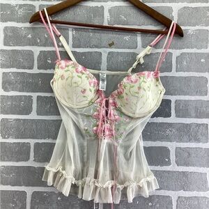Delicates White and Pink Floral Lace Up Cottage Core Fairy Core Top Size‎ Medium
